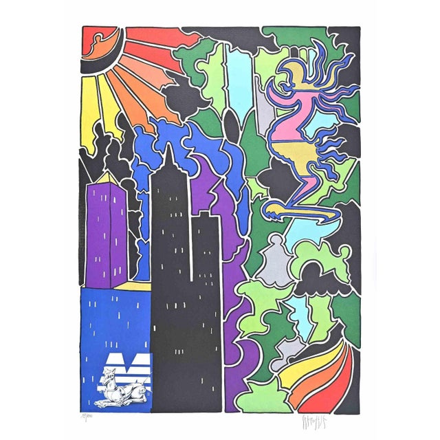 Contemporary Antonio Cremonese, Abstract Urban Landscape, Lithograph, 1980s For Sale - Image 3 of 3