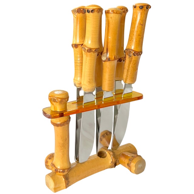 A complete vintage set of six bamboo-handled spreader knives by Solingen, Germany, presented in their original matching...