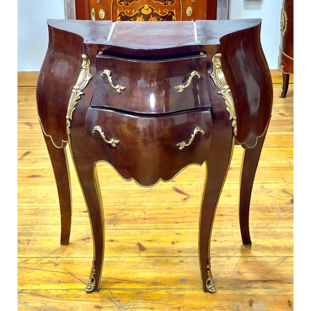 French French-Style Two-Drawer Cabinet – Sculpted Wood Design With Gold Leaf Details & Marble Top For Sale - Image 3 of 4