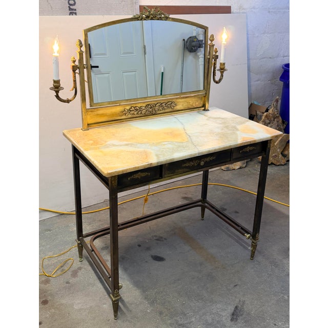 Mid 20th Century Mid 20th Century Hollywood Regency Brass and Onyx Dressing Table With Candelabra Mirror For Sale - Image 5 of 15
