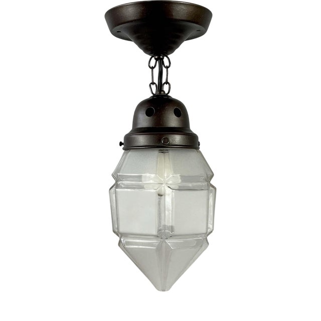 Secessionist Brass Semi Flush Mount in Frosted Glass and Burnished, 1920s For Sale