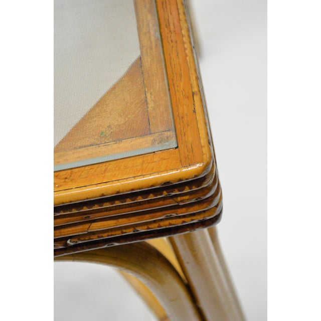 Brown 1950s Bamboo Bentwood Rattan Strand Glass Top X Base Console Accent Table For Sale - Image 8 of 11