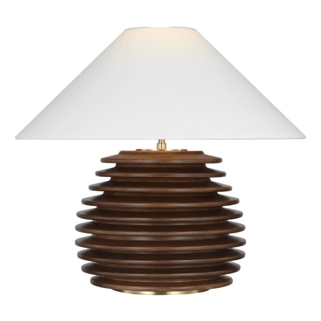 Kelly Wearstler by Visual Comfort Signature Crenelle 20" Stacked Table Lamp in Burnished Birch with Linen Shade For Sale