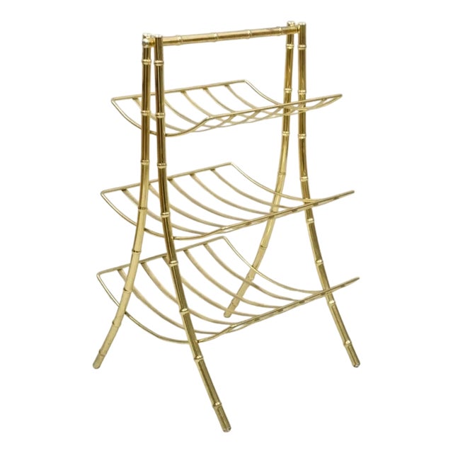 Vintage Hollywood Regency Gold Metal Faux Bamboo 3 Tier Magazine Rack Stand For Sale