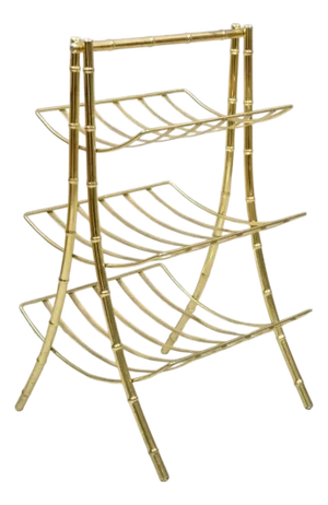 Vintage Hollywood Regency Gold Metal Faux Bamboo 3 Tier Magazine Rack Stand