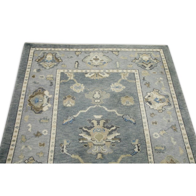 Early 21st Century Blue Floral Design Handwoven Wool Turkish Oushak Rug 5'2" X 6'7" For Sale - Image 4 of 7