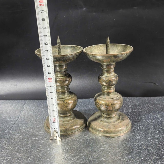 Bronze Pair of Vintage Bronze Candlesticks, Traditional Pricket Candle Holders, Chinoiserie Altar Decor For Sale - Image 8 of 10