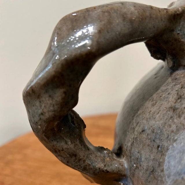 Ceramic Vintage Handmade Stoneware Glazed Vessel/Pitcher With Swirl Decor Handle For Sale - Image 7 of 12