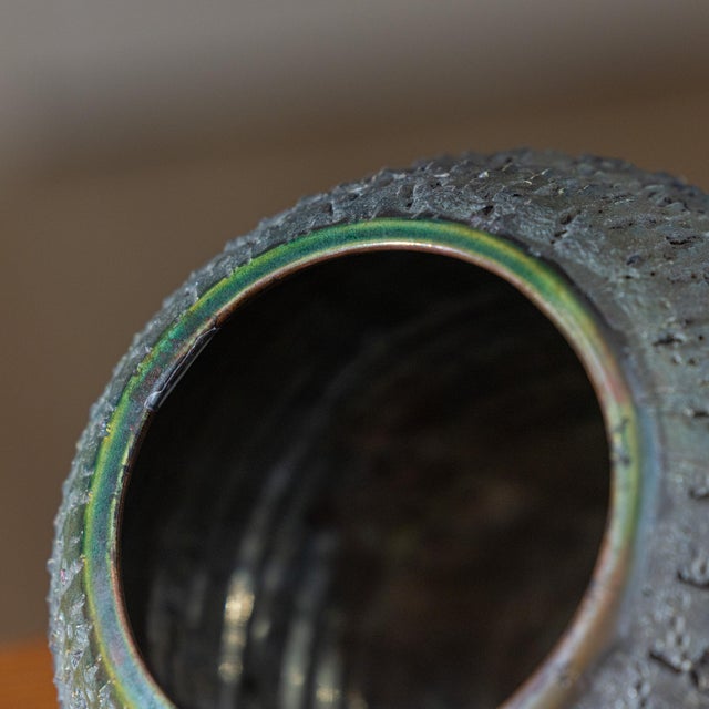 Charcoal Signed J. Lares Raku Studio Pottery Vessel With Carved Textural Surface For Sale - Image 8 of 10