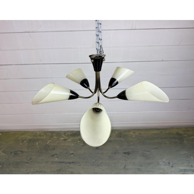 Gold Mid-Century Modern 5-Arm Brass Chandelier with White Glass Cone Shades, 1960s For Sale - Image 8 of 9