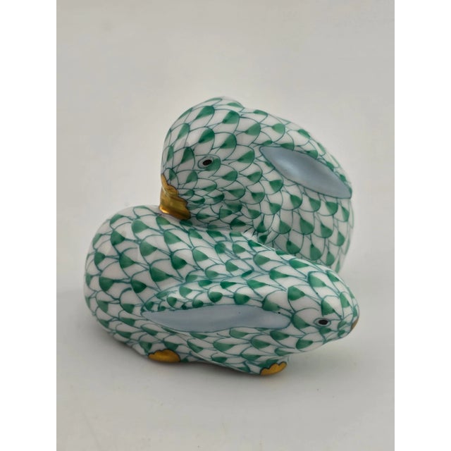 Ceramic Rare Vintage Hungary Herend Pair Snuggling Bunny Rabbits Green Fishnet Figurine For Sale - Image 7 of 15