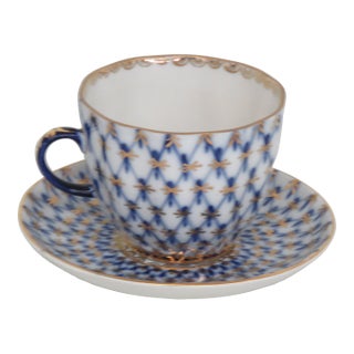 Lomonosov Demitasse Cobalt Net Blue Bone China Tea Cup and Saucer Set 4652b For Sale