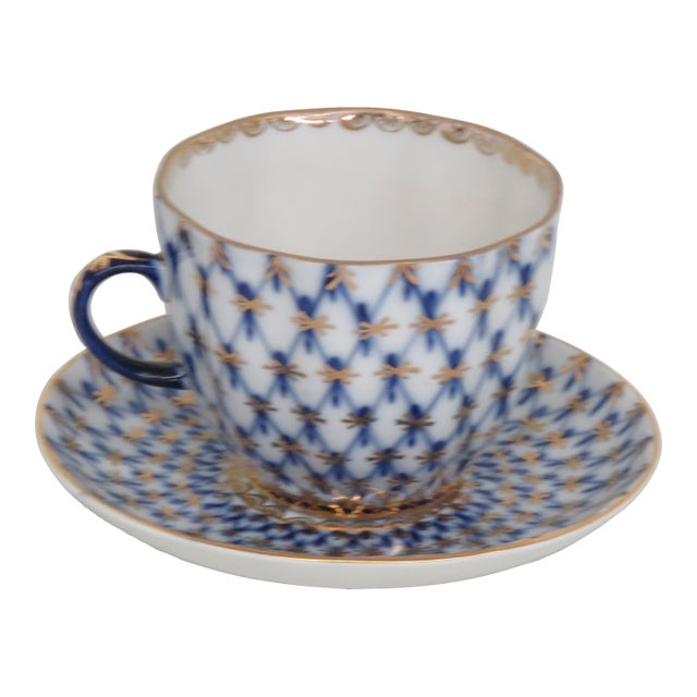 Lomonosov Demitasse Cobalt Net Blue Bone China Tea Cup and Saucer Set 4652b For Sale
