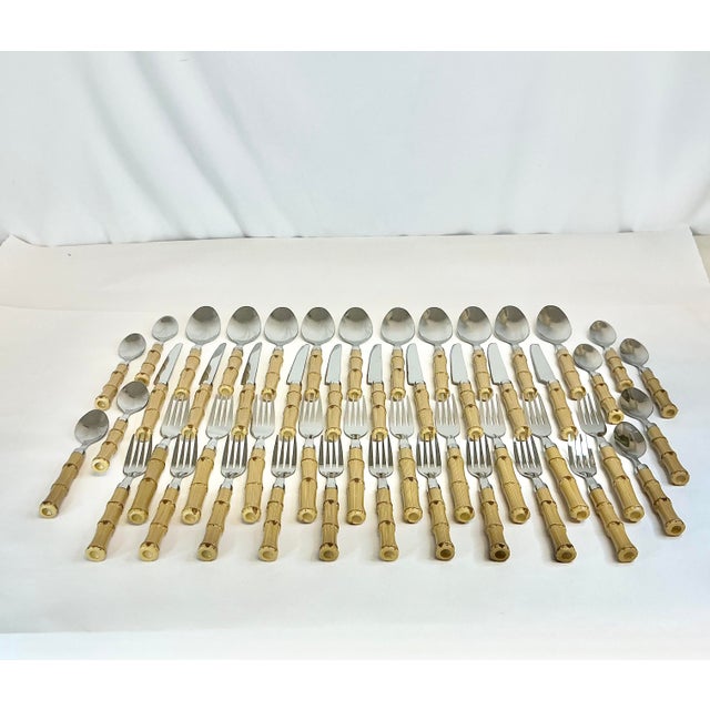 Tan Vintage Coastal Boho Chic Chinoiserie Faux Bamboo & 18/8 Stainless Flatware Set- 49 Pieces. For Sale - Image 8 of 12