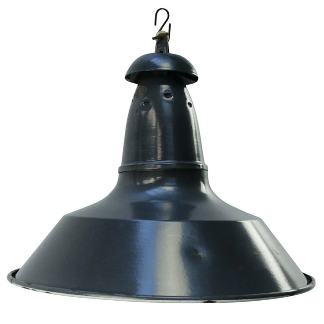 Vintage Industrial French Blue Black Enamel Pendant Lights For Sale - Image 5 of 5