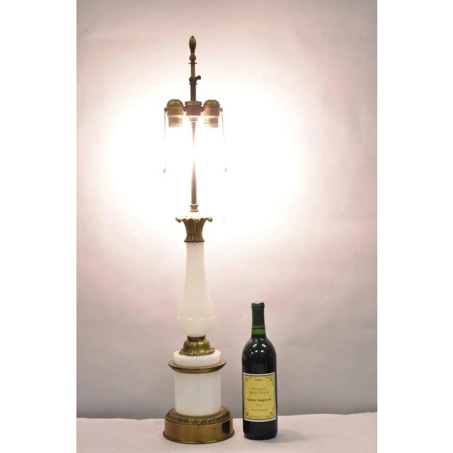 Vintage French Neoclassical Style White Opaline Glass Column Brass Table Lamp. Circa Mid 20th Century. Measurements: 34" H...