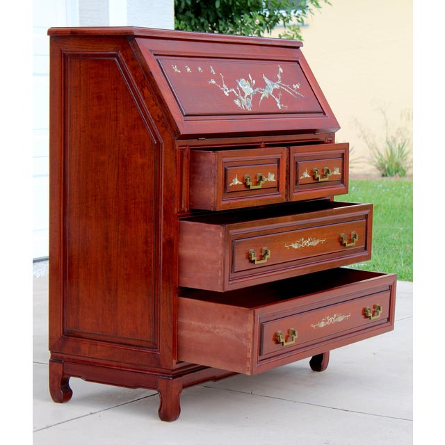Asian Rosewood Secretary Desk With Mother-of-Pearl Inlay, Bird & Blossom Motif, Slant Front Writing Desk For Sale - Image 11 of 18