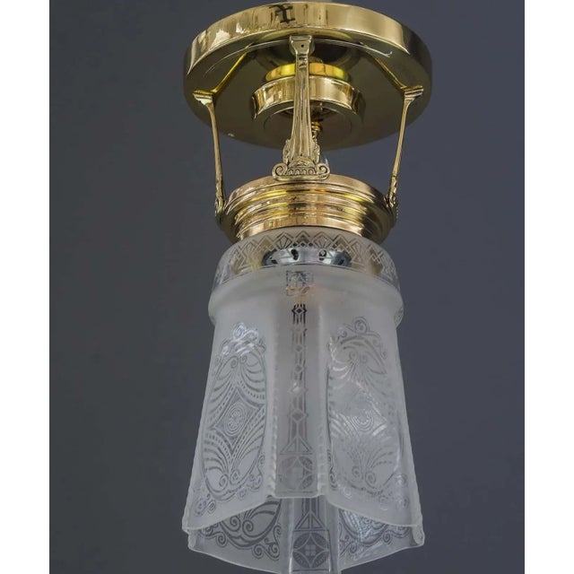 Art Deco ceiling lamp, Vienna, around 1920s Polished brass and stove enameled Original glass. European Plug (up to...