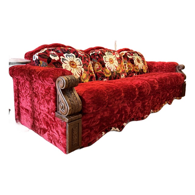 1970s Singer Furniture Ruby Velvet Sofa With Carved Wood Frame For Sale