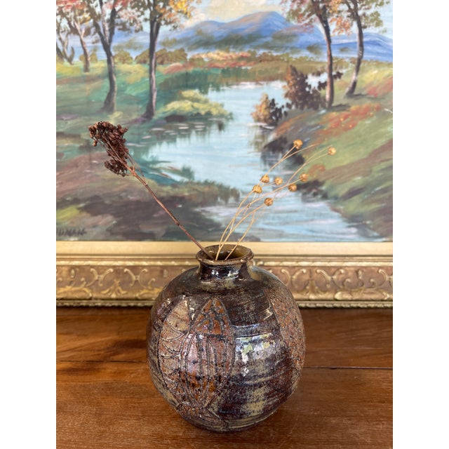 Ceramic Studio Pottery Vase by Nelson With Incised Geometric Motifs and Earthy Glaze. For Sale - Image 7 of 9
