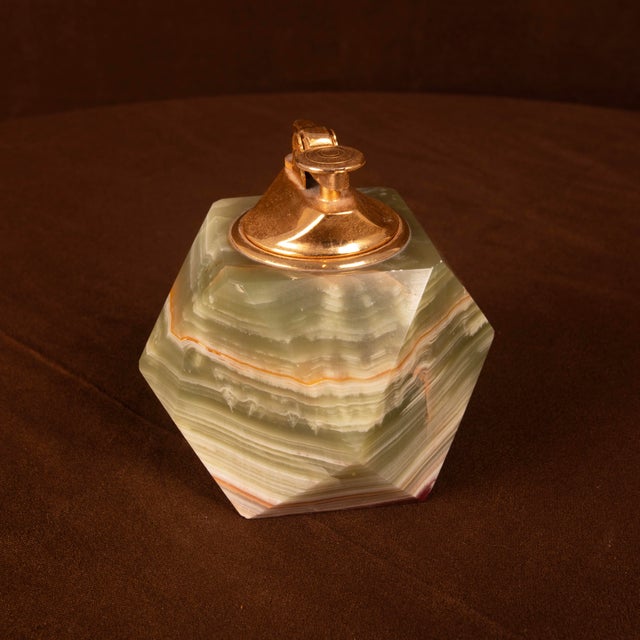 Italian Geometric Green Onyx and Brass Table Lighter, 1970 For Sale - Image 13 of 15