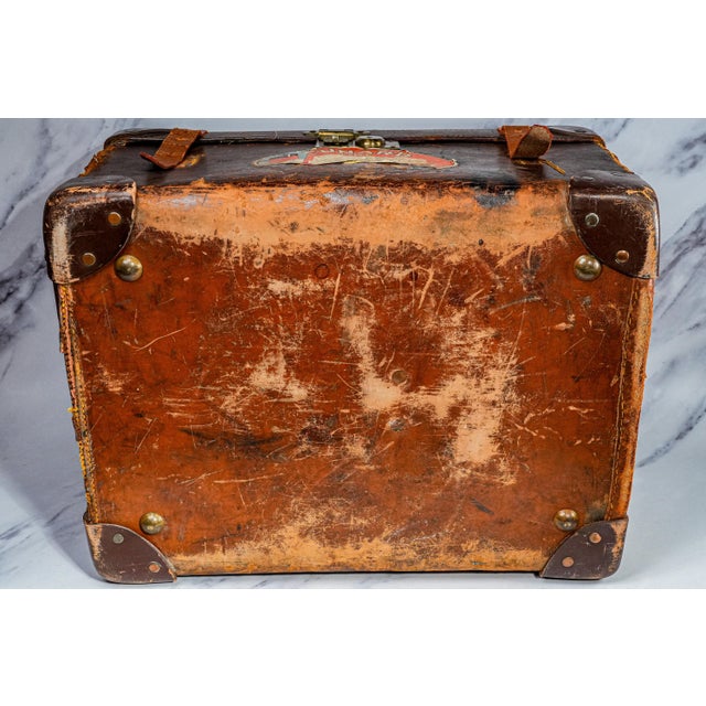 Timeworn Antique English Leather Cunard Label Case Box Home Decor Prop Storage For Sale - Image 17 of 17