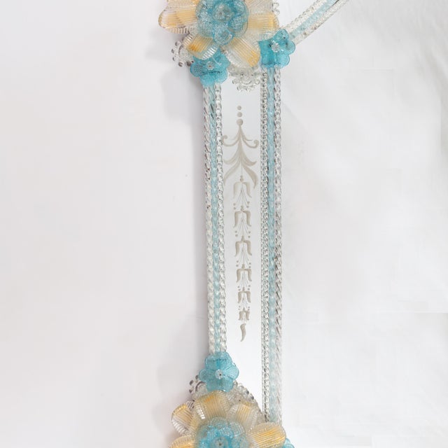 49-Inch Mid-Century Venetian/Murano Mirror With Turquoise Gold Infused Flowers For Sale - Image 16 of 18