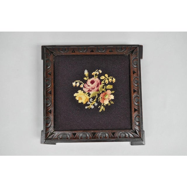 Victorian Early 20th Century Antique Victorian Carved Solid Mahogany Floral Needlepoint Low Footstool Ottoman For Sale - Image 3 of 12