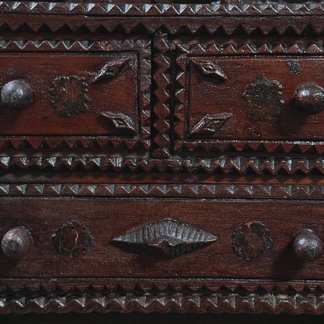 Brown Antique Chip Carved Tramp Art Tabletop Dresser With Decoupage and Mirror For Sale - Image 8 of 12