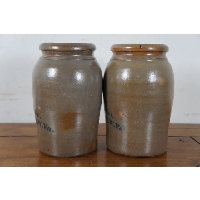 Antique Ap Donaghho Salt Glaze Cobalt Stoneware Crocks Canning Jars- Set of 2 For Sale - Image 6 of 12