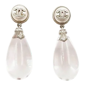 Chanel Silver CC Crystal Round Pearl Water Drop XL Clip on Earrings - 2 Pieces