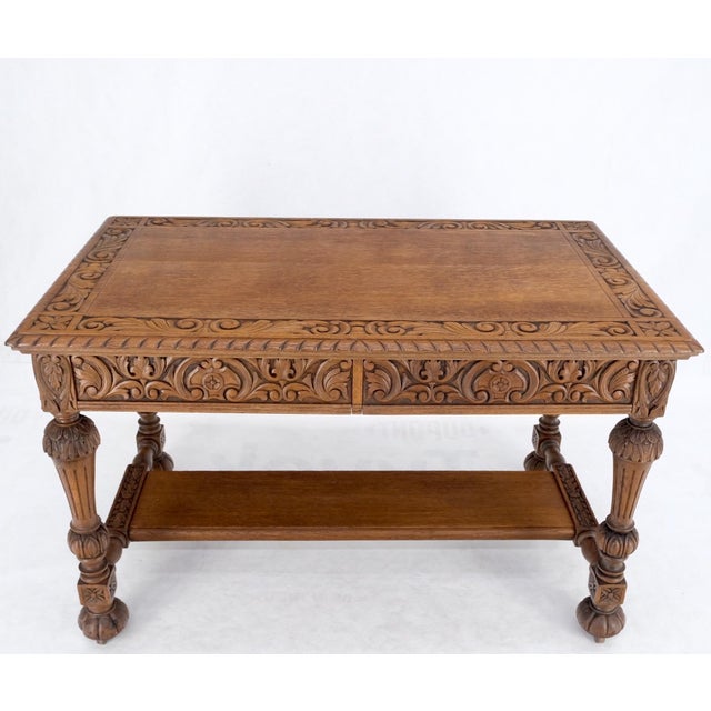 Wood Heavily Fine Carved Oak Small Partners Desk Console Writing Table Mint For Sale - Image 7 of 18