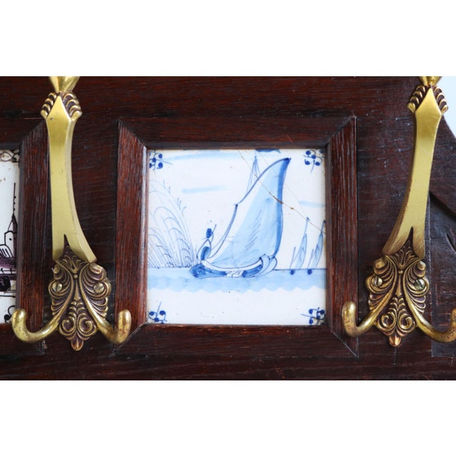 Antique Dutch Renaissance Revival Delft Blue Tiles Brass Coat Rack, 1890 For Sale - Image 3 of 10