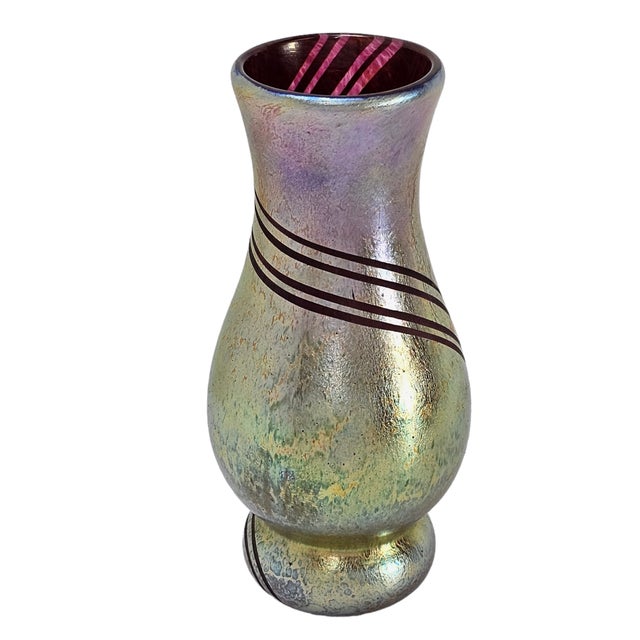 Modern Iridescent Studio Art Glass Vase With Applied Ribbon Trail Lines 9.25" For Sale - Image 3 of 12