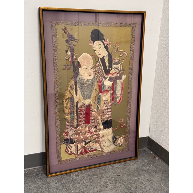Traditional Shou Lao + Deer Silk Vintage Embroidery, Framed For Sale - Image 3 of 12