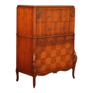 1930's French Louis XV Style Satinwood Parquetry High Chest For Sale