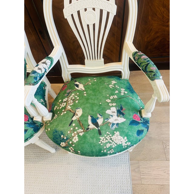 20th-Century Louis XVI Style Neoclassical Armchairs, Newly Reimagined – Thibaut Katsura in Emerald For Sale - Image 10 of 12