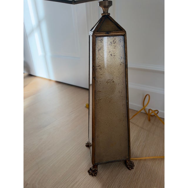 Neoclassical Mid-Century Antiqued Mirror Obelisk Table Lamps With Gilt Paw Feet - Pair For Sale - Image 9 of 10