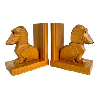Pair of Swiss Handcrafted Wooden Dachshund Book Ends For Sale