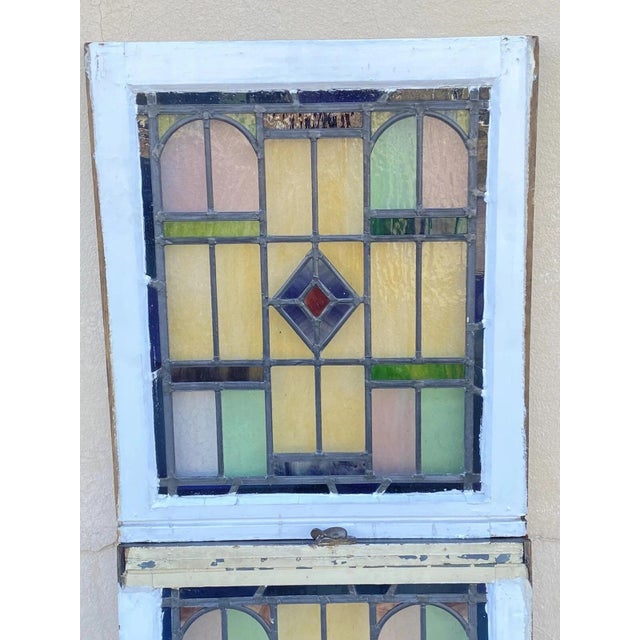 Antique Art Deco Leaded Stained Glass Pink Green Blue Yellow Windows - A Pair For Sale - Image 4 of 12
