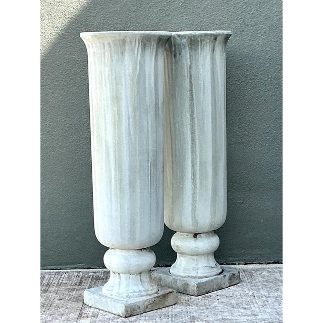 Late 20th Century Vintage Tall Fluted Plaster Covered Resin Urns - A Pair For Sale - Image 5 of 12