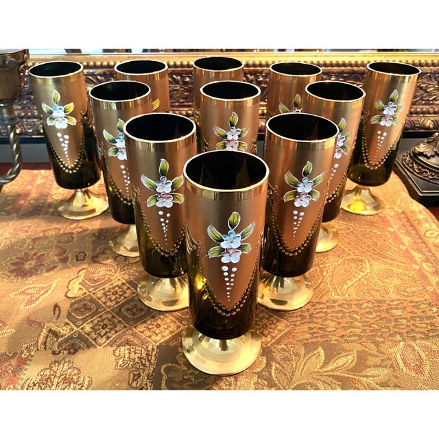 1950s Mid-Century, Blown Glass Cocktail Glasses, Salviati Murano Attributed, Green & Gold, Cylindrical Shape, Short Stem- Set of 11 For Sale - Image 13 of 17
