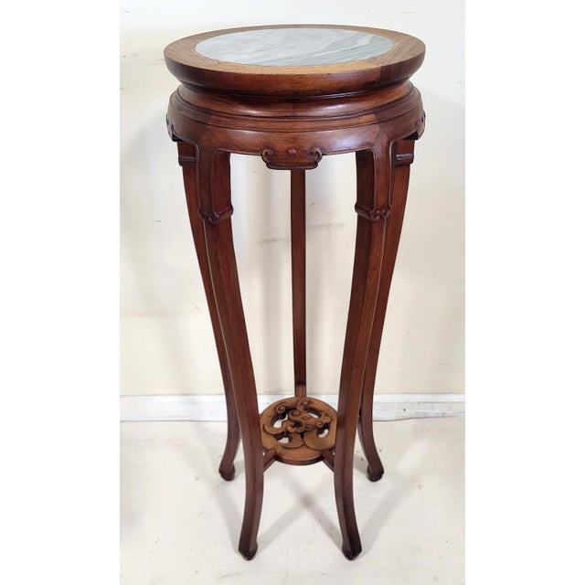 Pair Vintage Chinese Bamboo Carved Hardwood & Marble Top Plant Stand Pedestals For Sale - Image 12 of 18