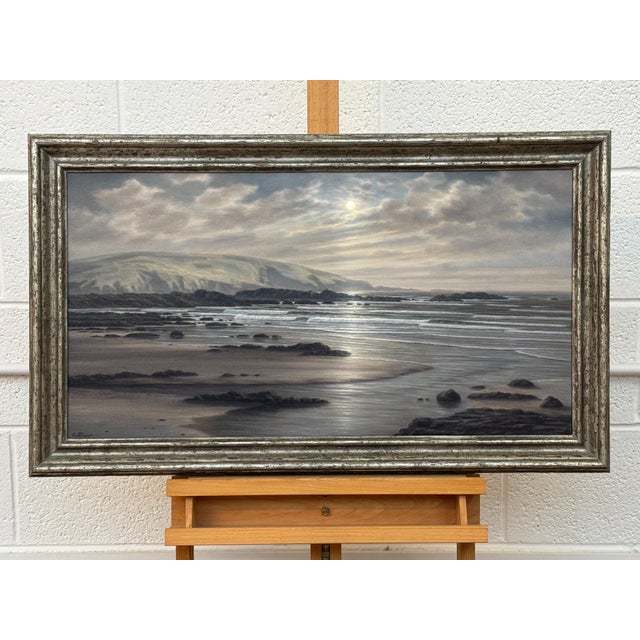 Black Beach Seascape Painting of the Devon Coastline at Sunrise on South Coast of England 1990 Circa For Sale - Image 8 of 14