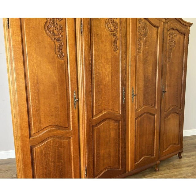Wood Vintage French Louis XVI Style Carved Oak 4-Door Wardrobe For Sale - Image 7 of 15