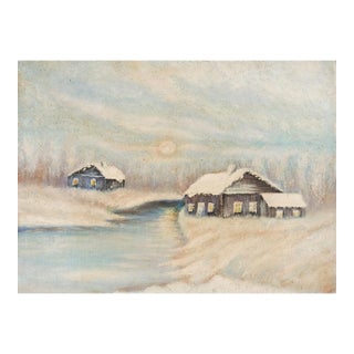 Early 20th Century Winter Landscape Snow Covered Cabins Painting For Sale