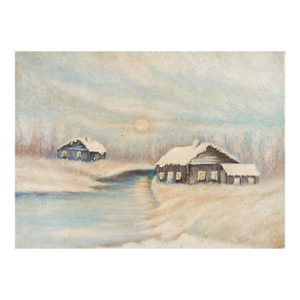 Early 20th Century Winter Landscape Snow Covered Cabins Painting