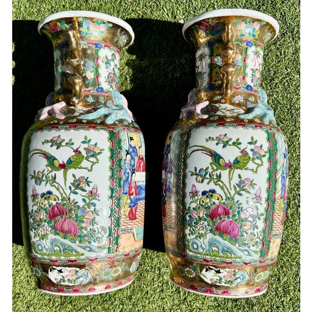 Pair of Large Antique Famille Rose Medallion Chinese Vases With Rosewood Stands For Sale - Image 15 of 18