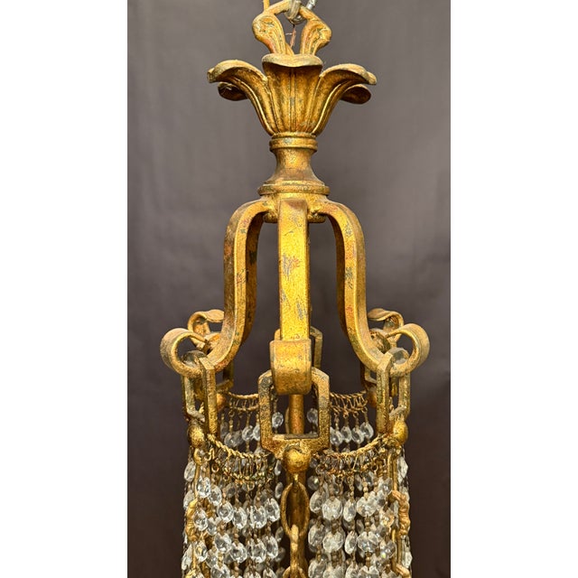 Mid 20th Century Mid 20th Century Hollywood Regency Gilt Metal & Crystal Beaded Basket Chandelier For Sale - Image 5 of 9