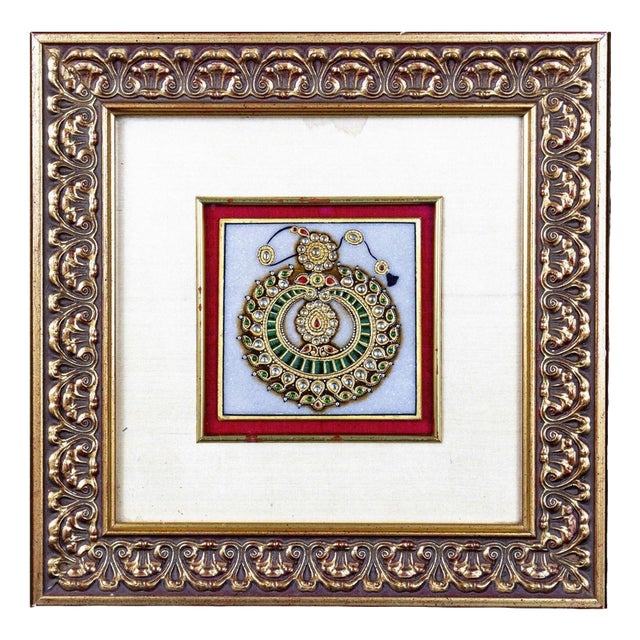 20th Century Indian Kundan-Style Gilt Framed Jewelled Alabaster Plaque For Sale
